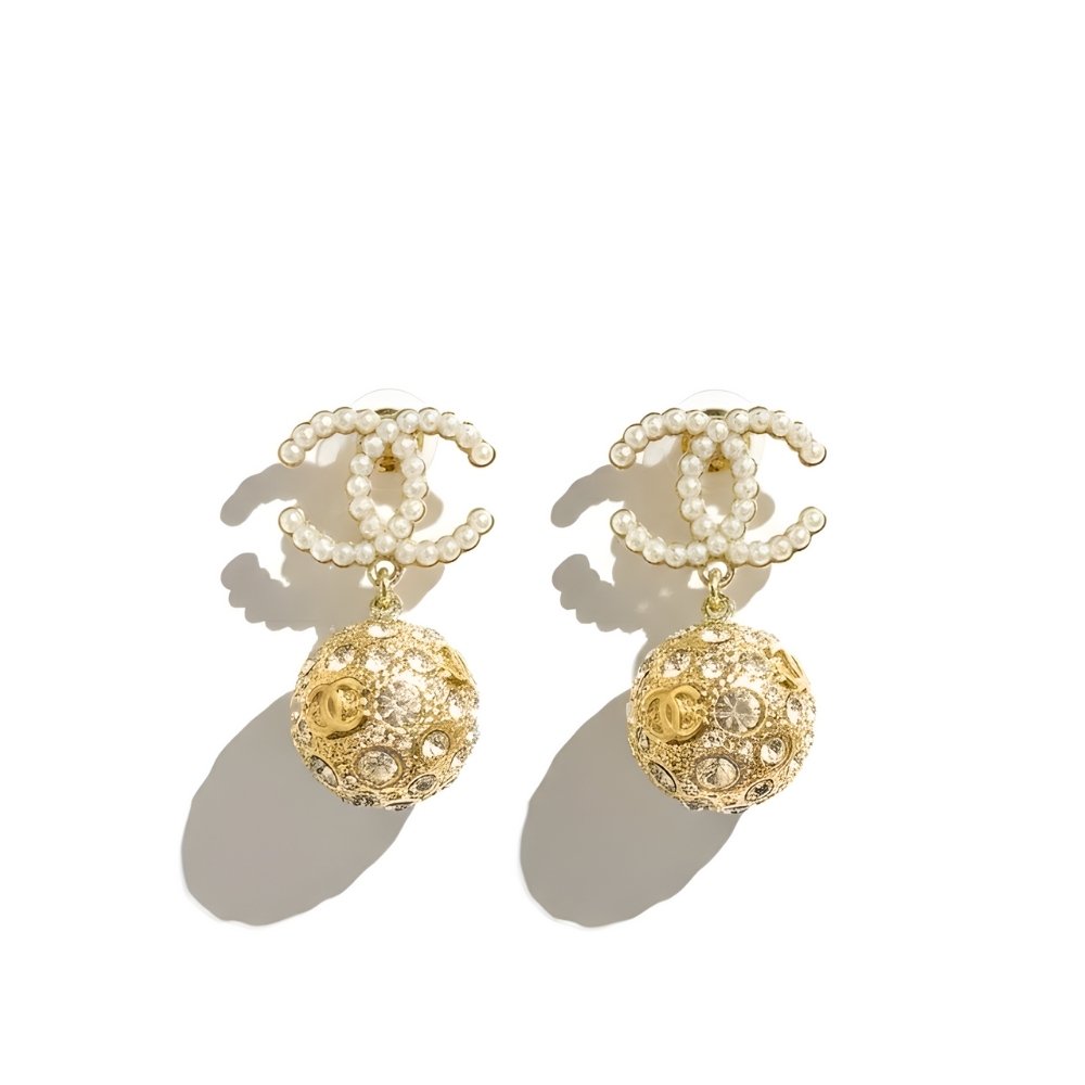 Ch**el New Cc Gold Ball Crystal Pearl Drop Earrings