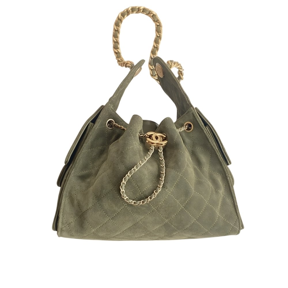 Ch**el Small 25 Handbag Gold Tone Metal Khaki 26Cm