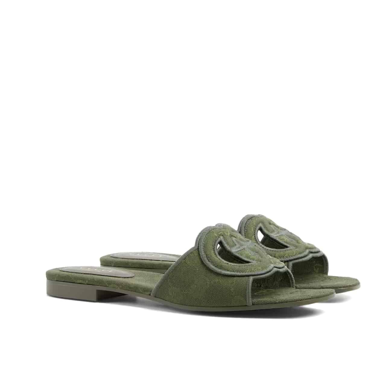 Gvc*1 Women Slide Sandal With Interlocking G Green Gg Canvas‎ ‎790447 9Sf00 3005