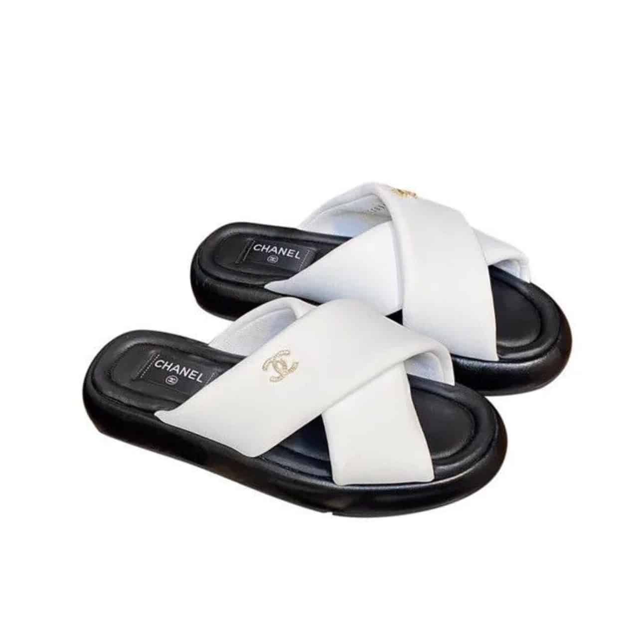 Ch**el Cc Logo Criss Cross Slides White
