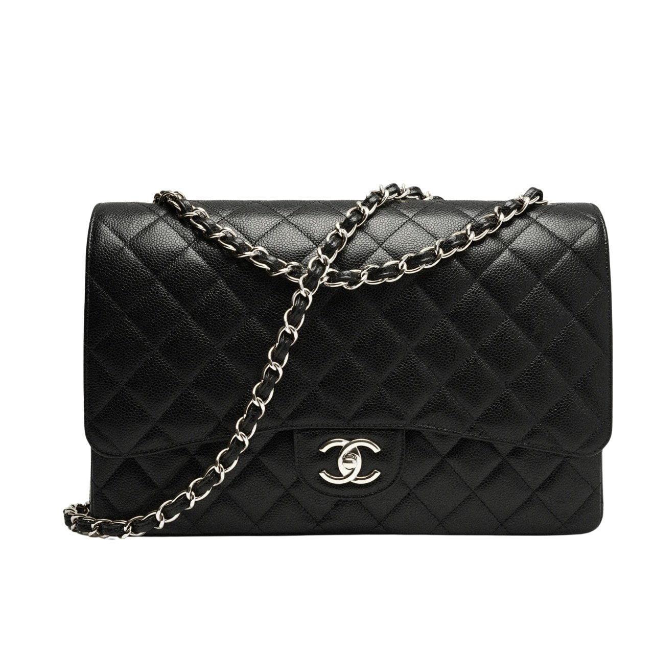Ch**el Maxi Classic Handbag Sliver Hardware Black 33Cm