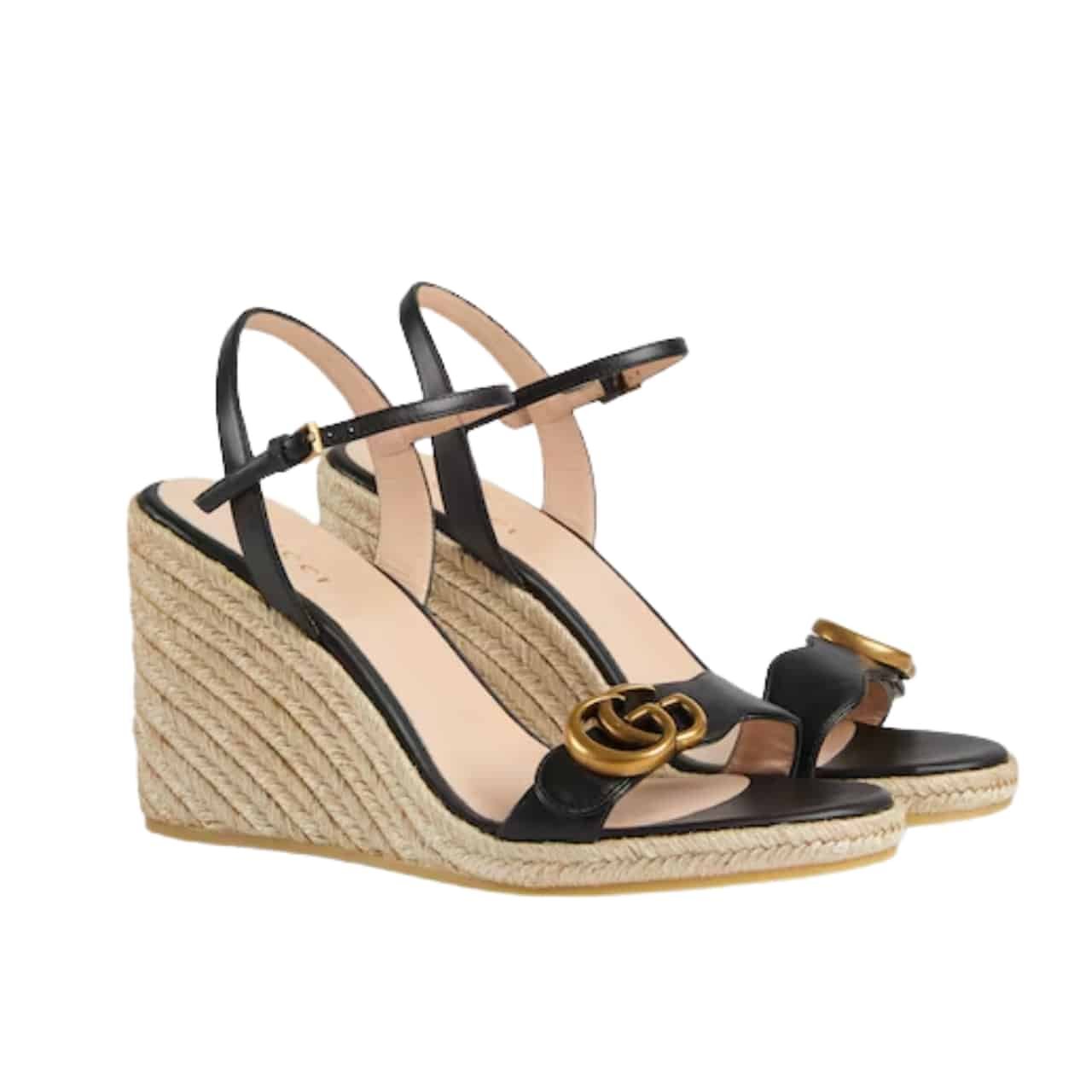 Gvc*1 Leather Wedge Espadrille Sandals Black 8Cm