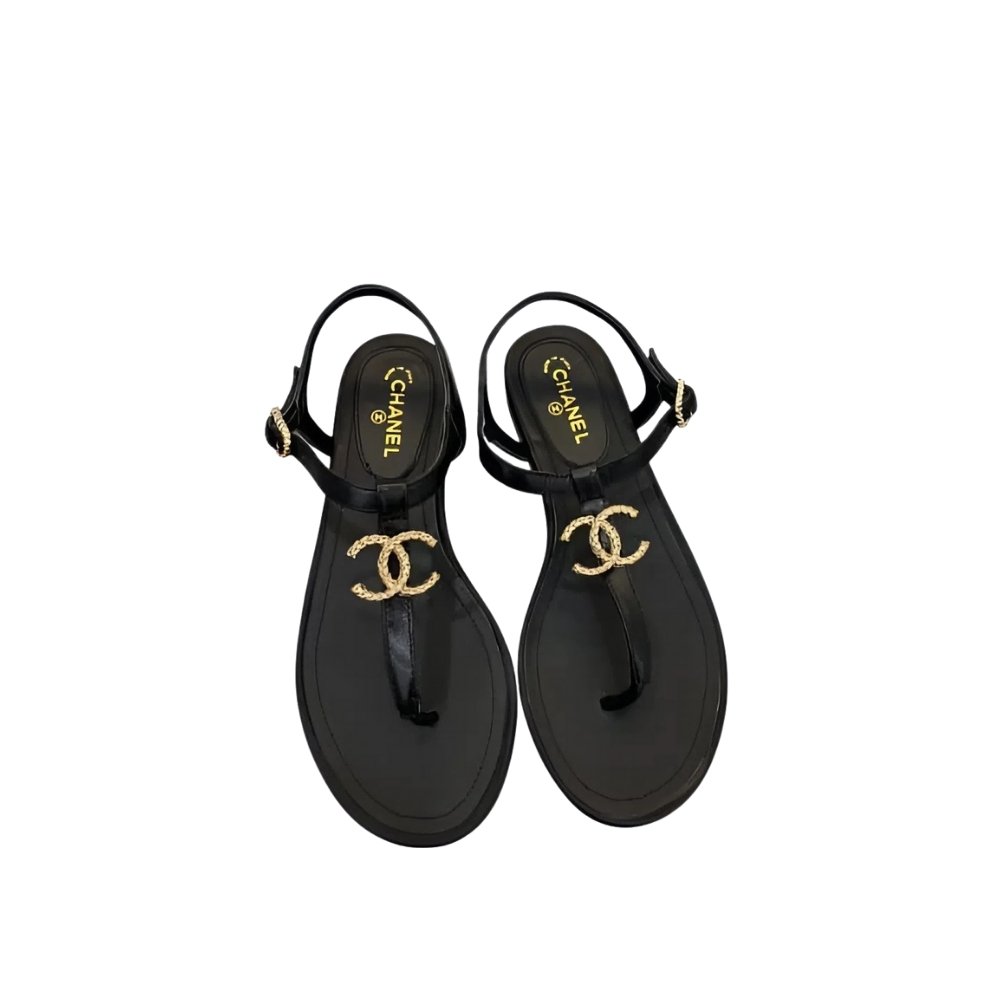 Ch**el Gold Cc Logo Thong Sandals Black