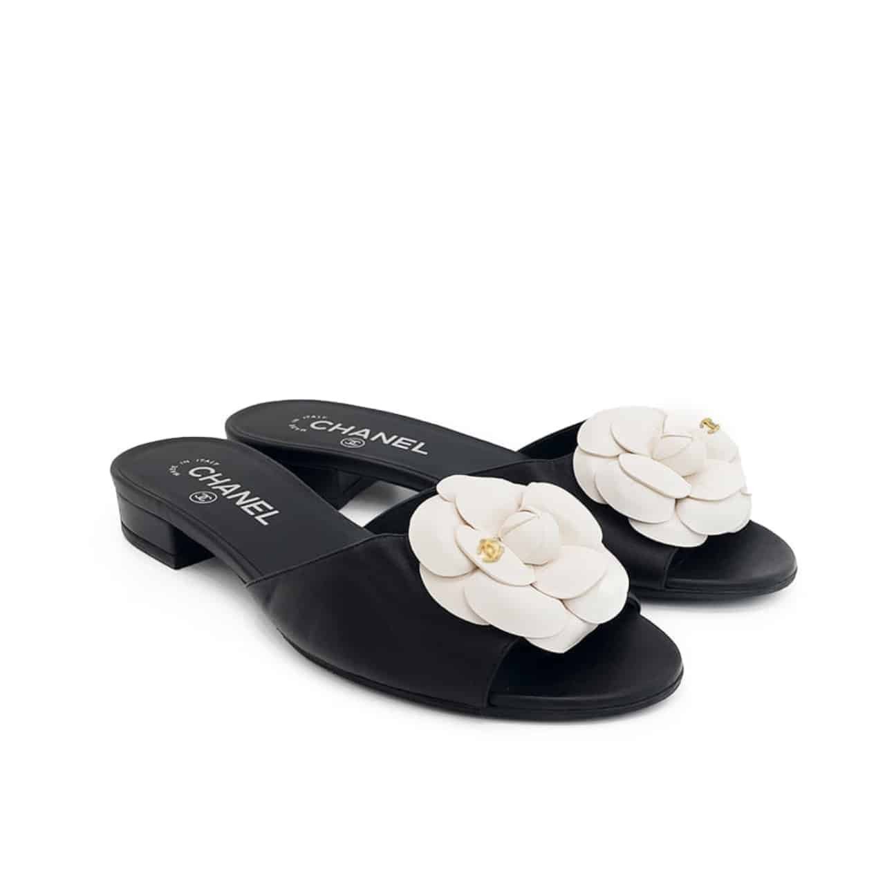 Ch**el White Camellia Slides Black