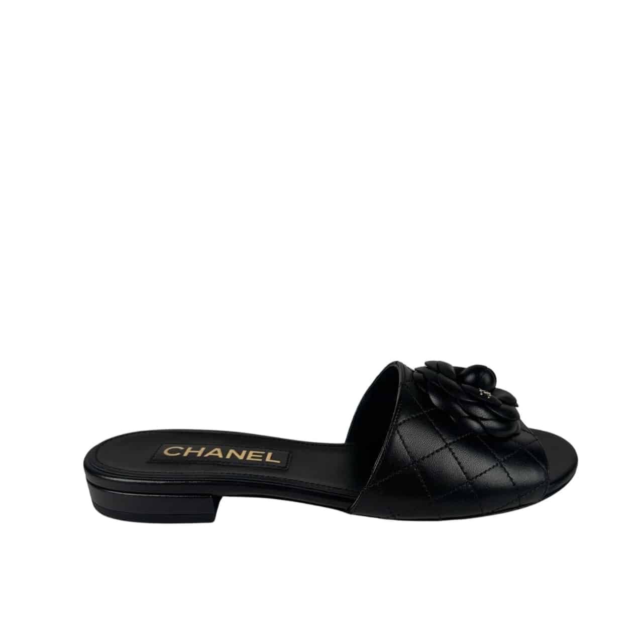 Ch**el Camellia Leather Slides Black