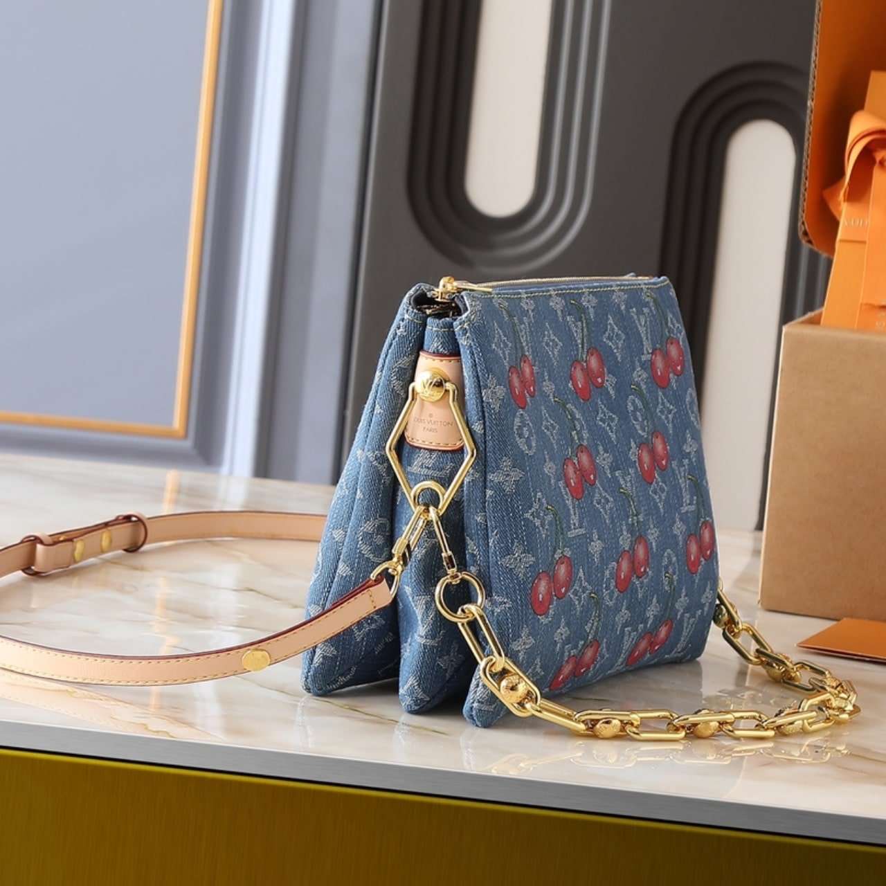 L0vis Vvtt0n X Takashi Murakami PM Coussin Bag Denim Monogram Cherry Blue 26Cm M14978