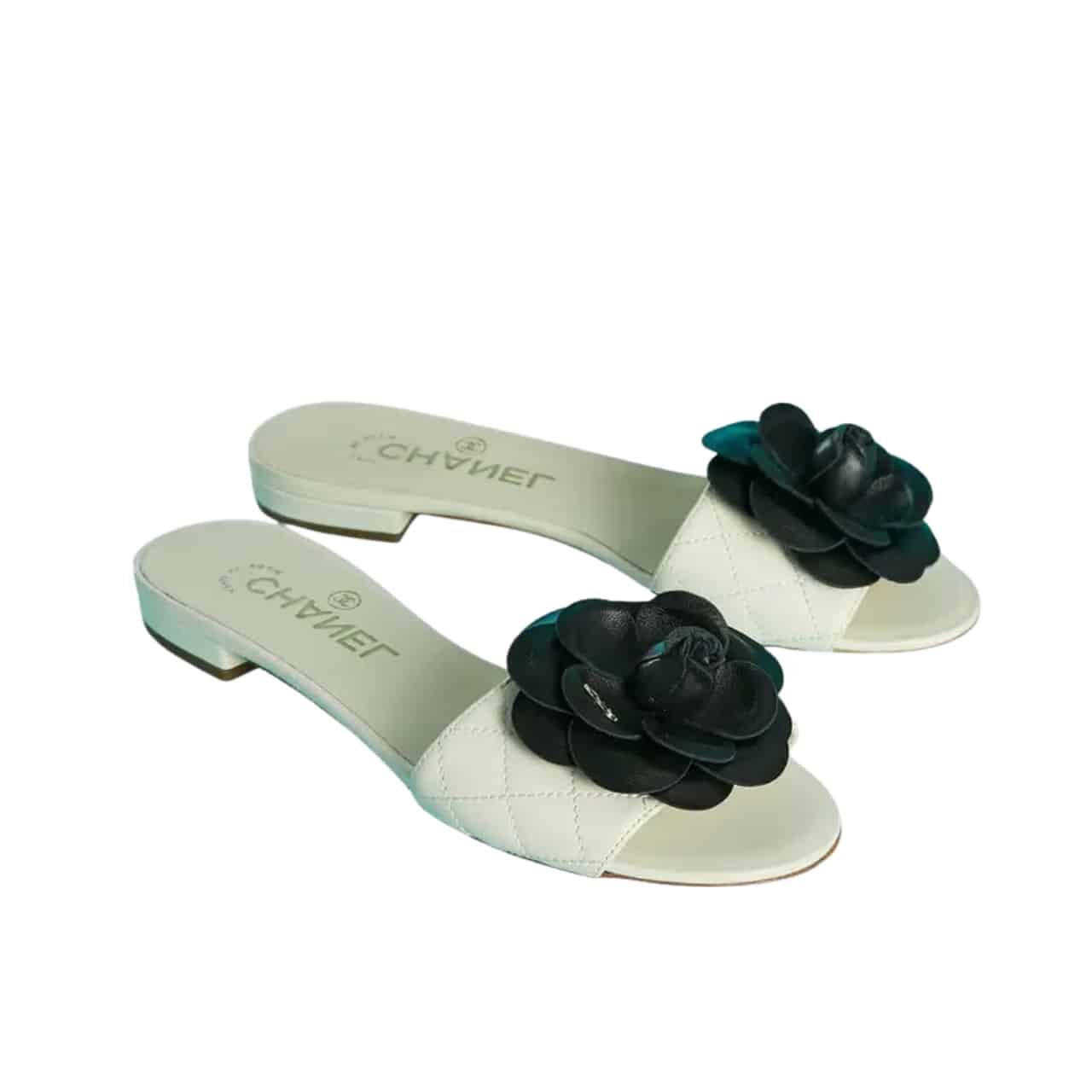 Ch**el Black Camellia Slides White