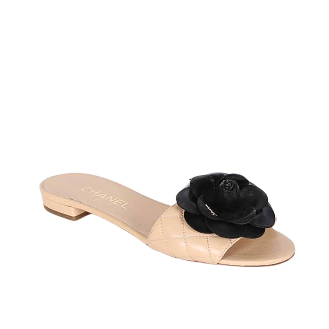 Ch**el Black Camellia Slides Beige