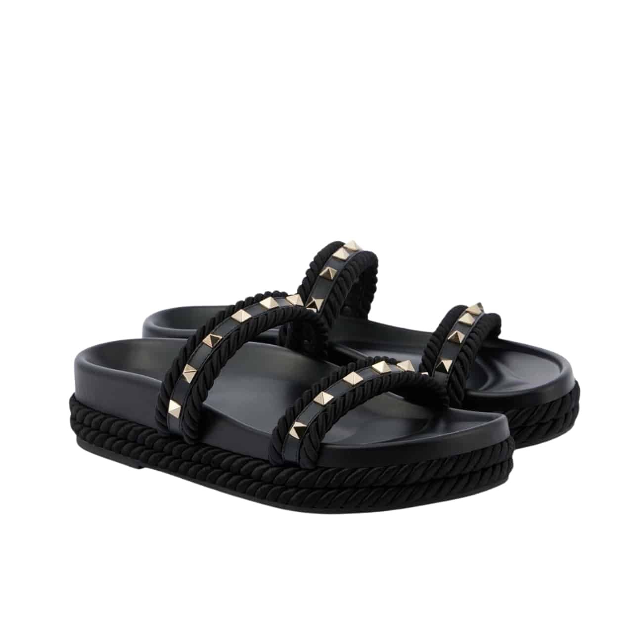 Va1e*ntin0 Garavani Rockstud Leather Espadrille Slide In Black 6W2S0Jr3Bae