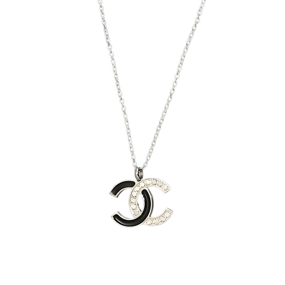 Ch**el Cc Logo Pendant Necklace White Stones And Black Enamel Silver