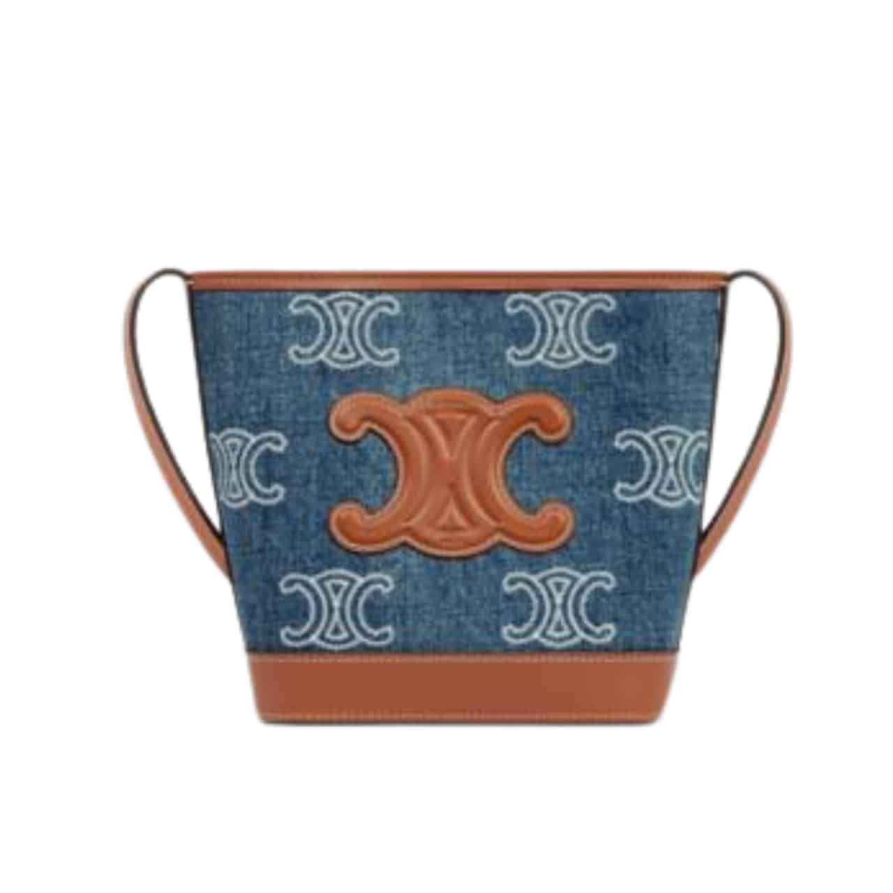 Ce1i*e Mini Bucket Cuir Triomphe In Denim With Triomphe All Over Embroidery And Calfskin Navy Tan 16Cm 10L432Fdx 07At