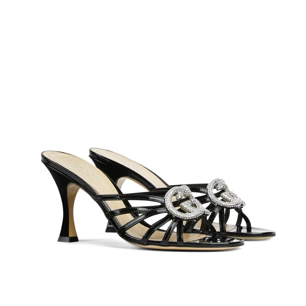 Gvc*1 Women Slide Sandal With Crystal Interlocking G Black 852663 Bnc00 1000