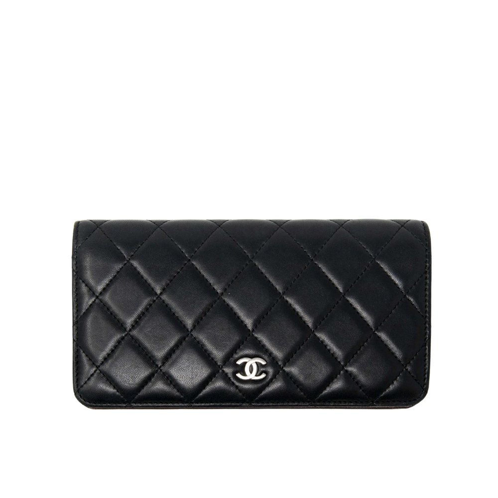 Ch**el Quilted Classic Long Flap Wallet With Silver Hardware Black 19Cm