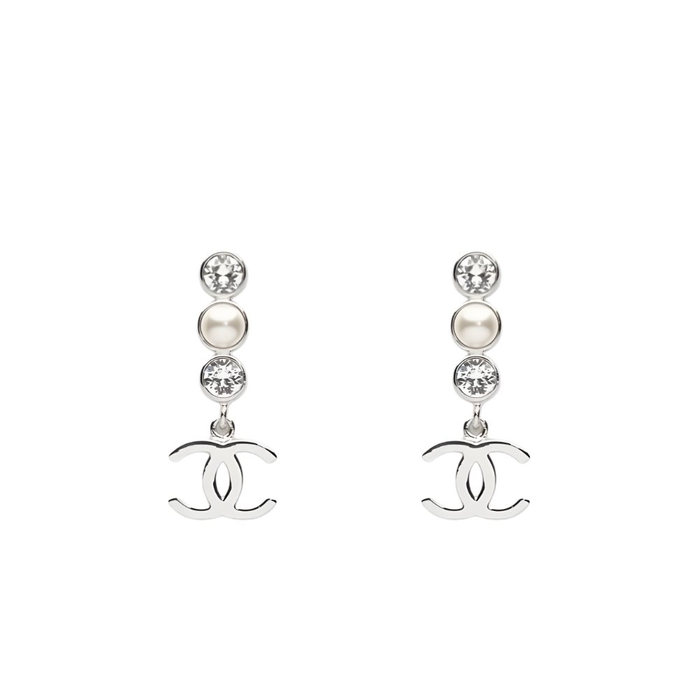 Ch**el Crystal Cc Pearl Drop Earrings Silver Abg202 B21707 U2865