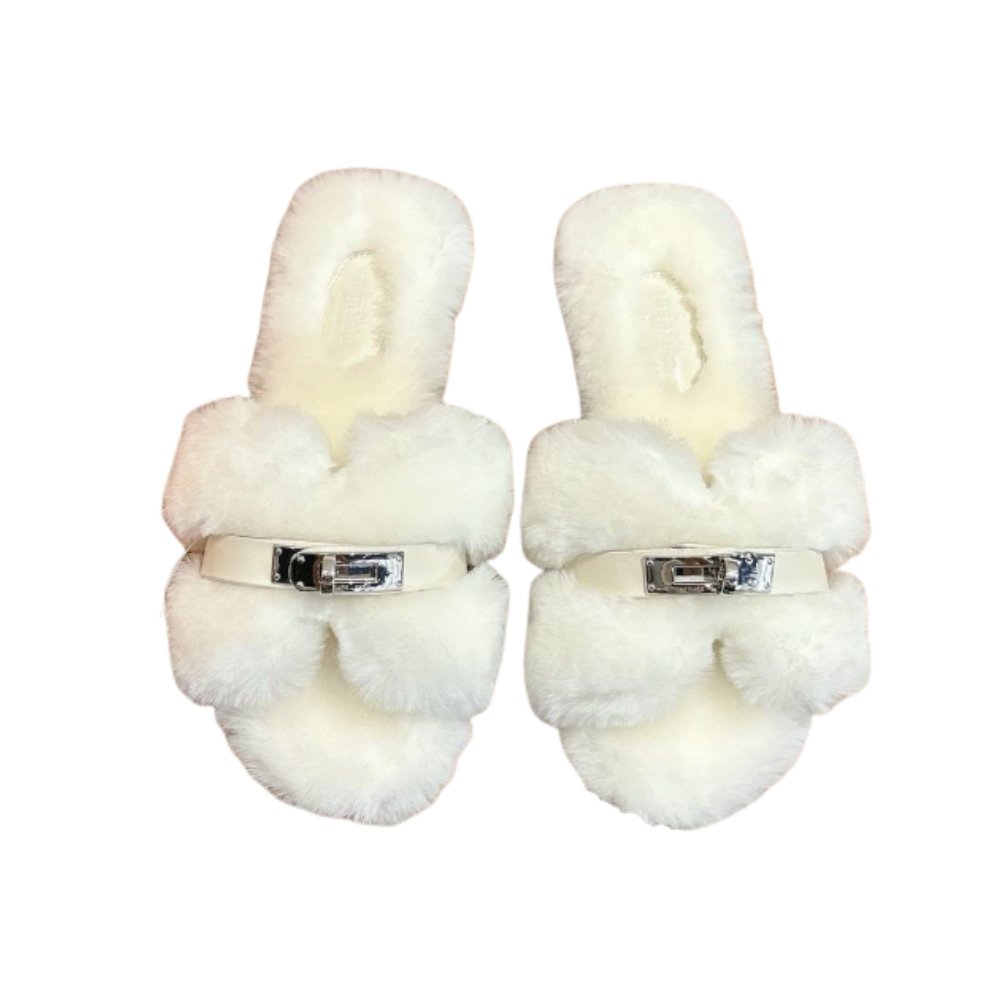 H**me5 Shearling Fur Oran Silver Buckle Sandal White