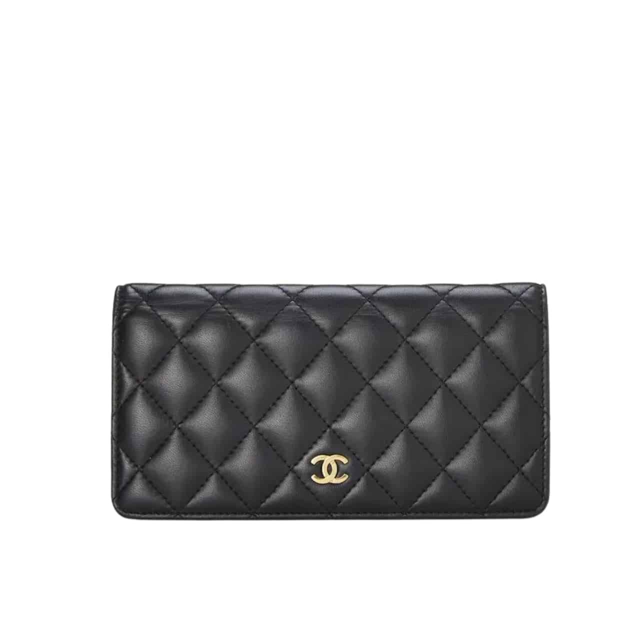 Ch**el Quilted Classic Long Flap Wallet Black 19Cm