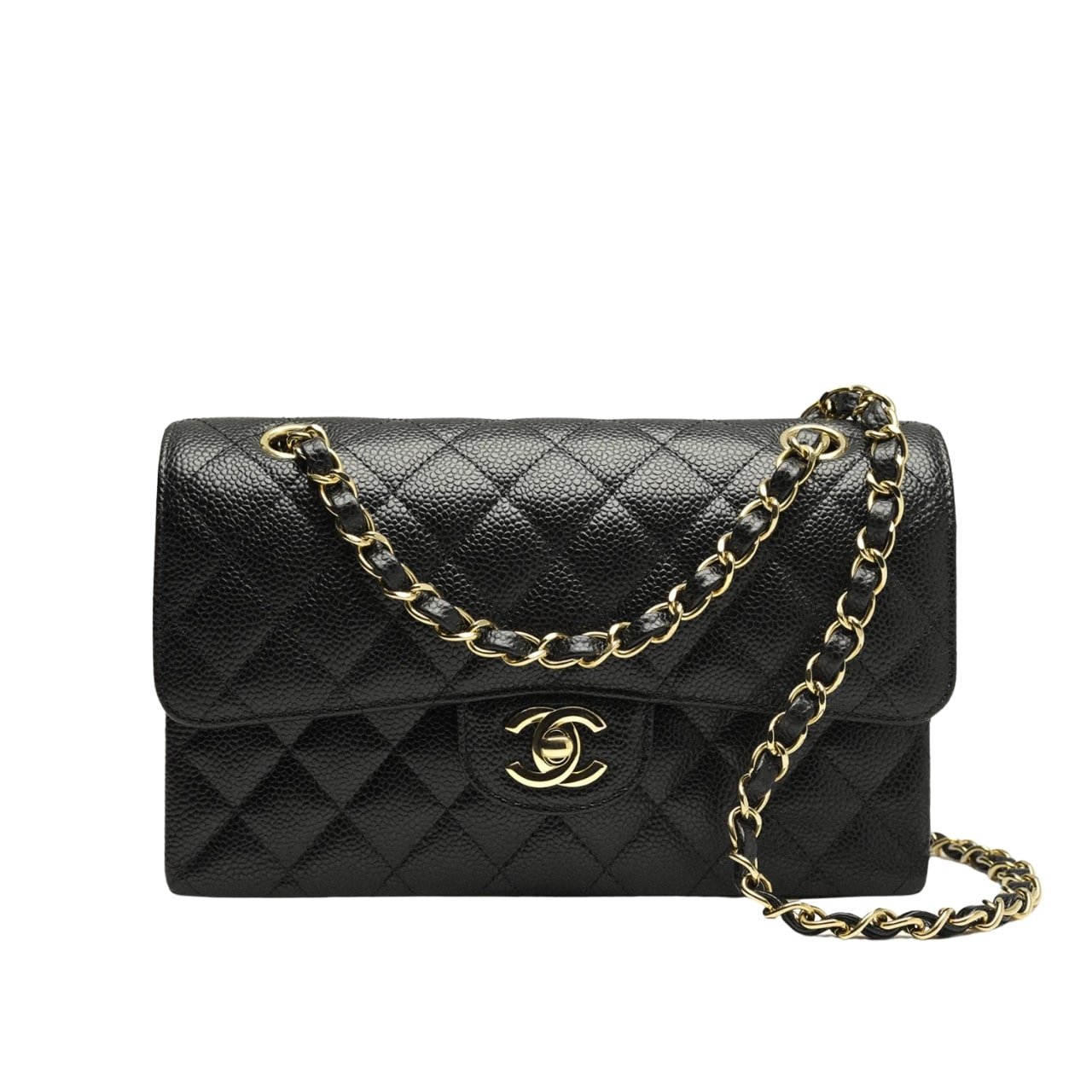 Ch**el Medium Classic Handbag Grained And Gold Tone Metal Black 26Cm A01113 Y01864 C3906