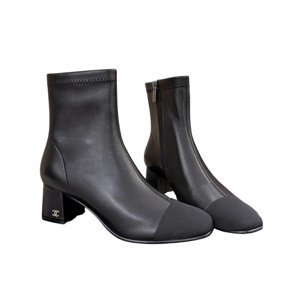 Ch**el Square Toe Leather Ankle Boots Shiny Black
