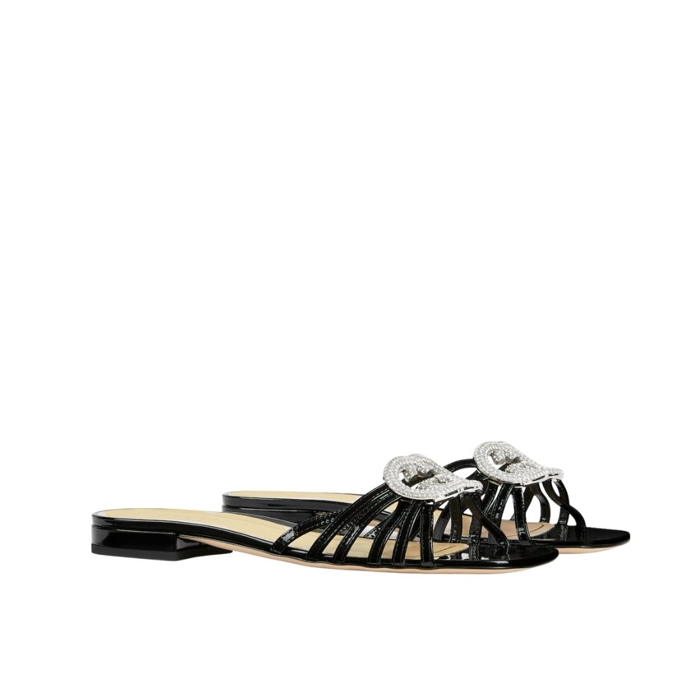 Gvc*1 Women Slide With Crystal Interlocking G Black Leather 852357 Bnc00 1000