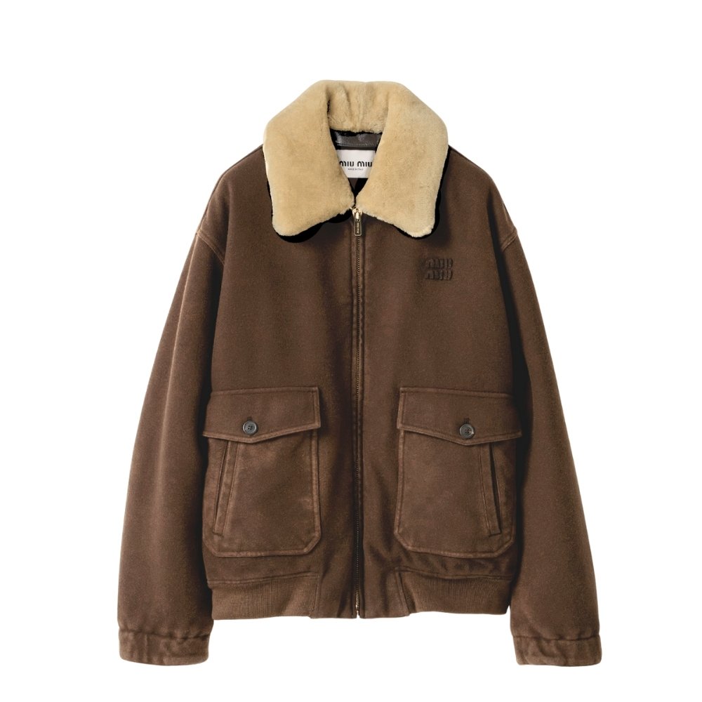 M1um1u Garment Dyed Wool Blouson With Shearling Collar Brown Ml1338 151I F0005 S Ooo