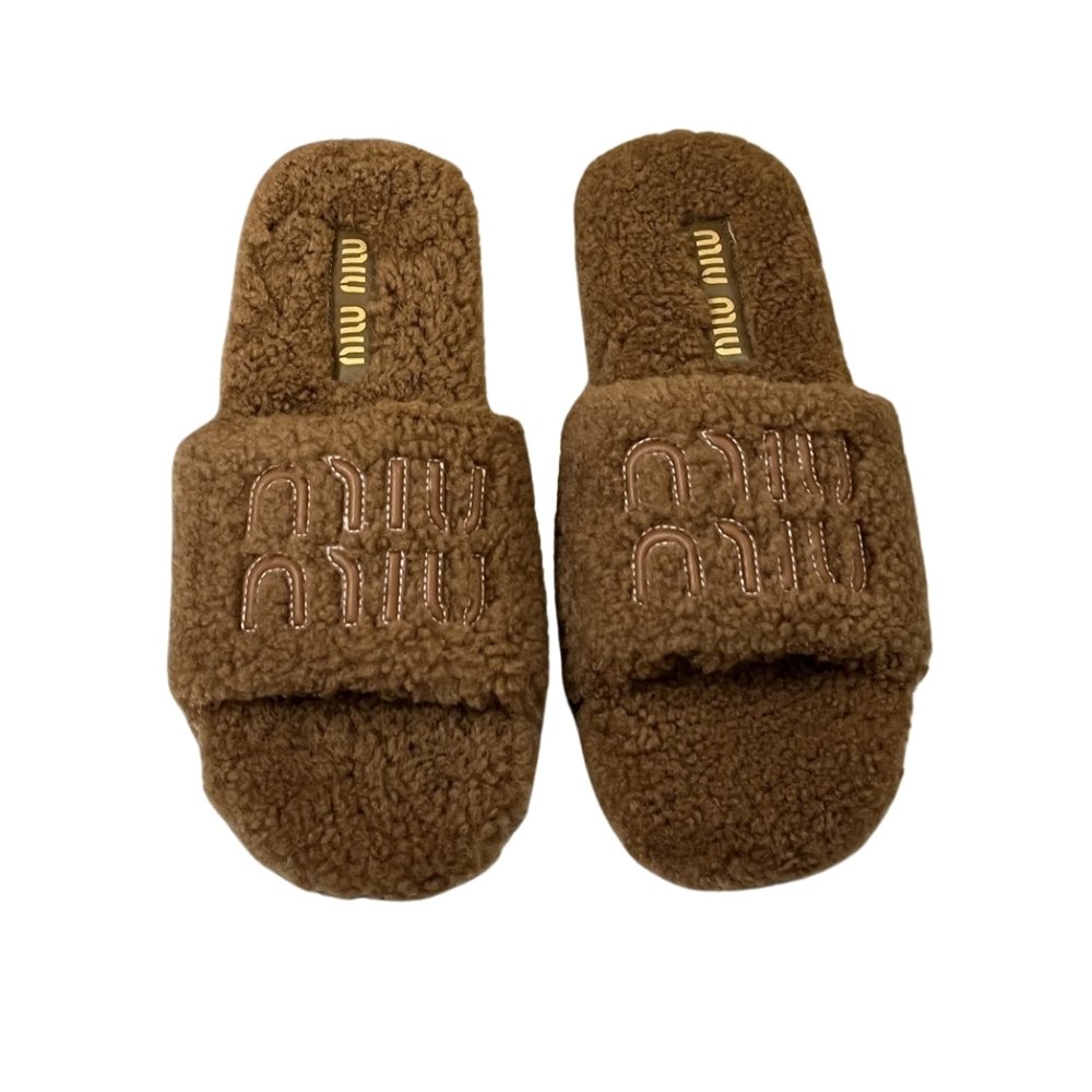 M1um1u Shearling Mules Brown