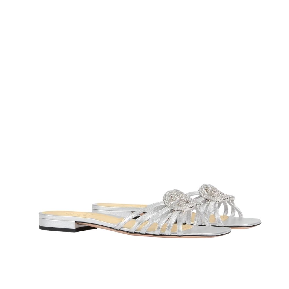 Gvc*1 Women Slide With Crystal Interlocking G Silver Leather 852357 Bnc00 1001