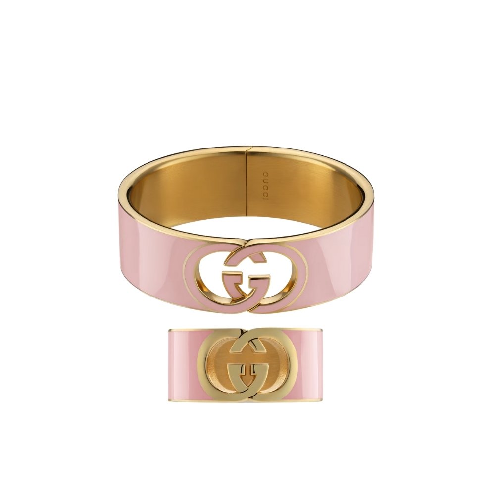 Set Gvc*1 Cuff Bracelet And Ring Interlocking Enamel Light Pink Gold Tone