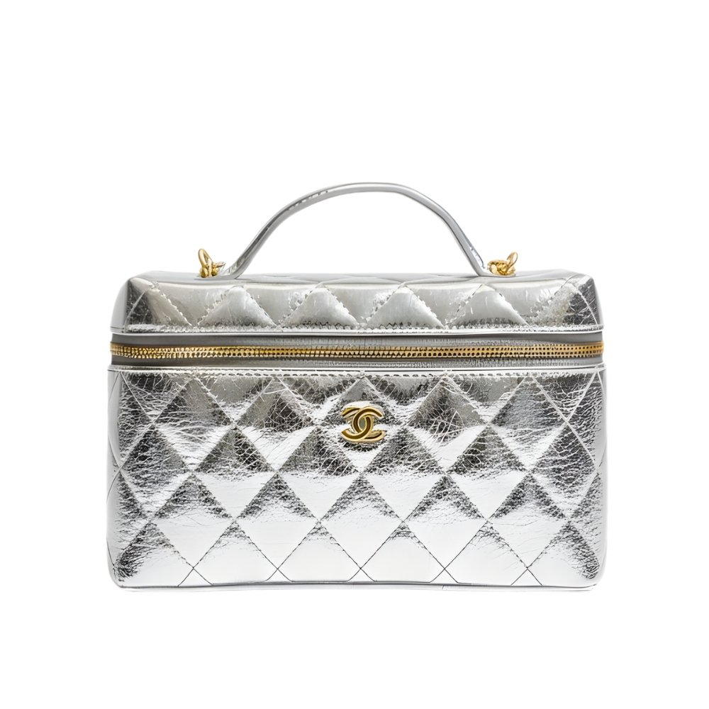 Ch**el Vanity Case With Chain Metallic Silver 20Cm