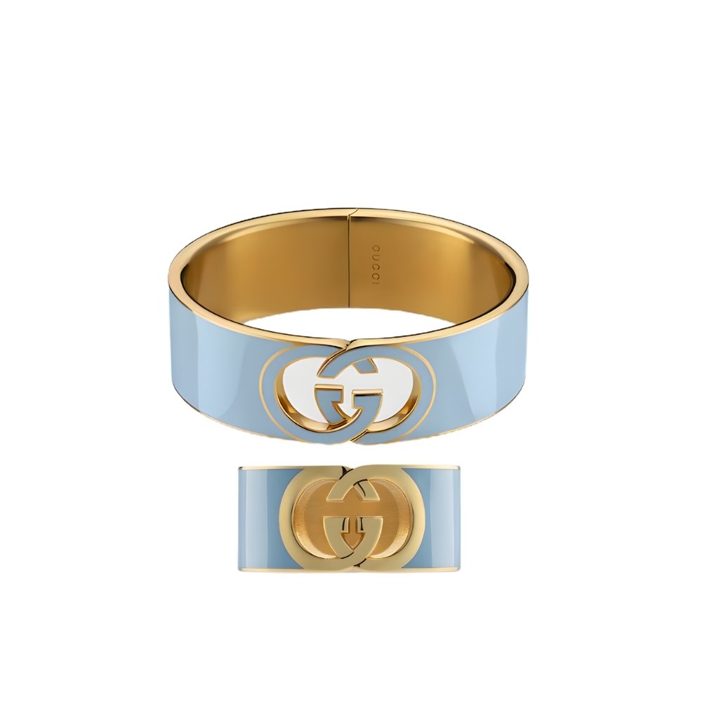 Set Gvc*1 Cuff Bracelet And Ring Interlocking Enamel Light Blue Gold Tone