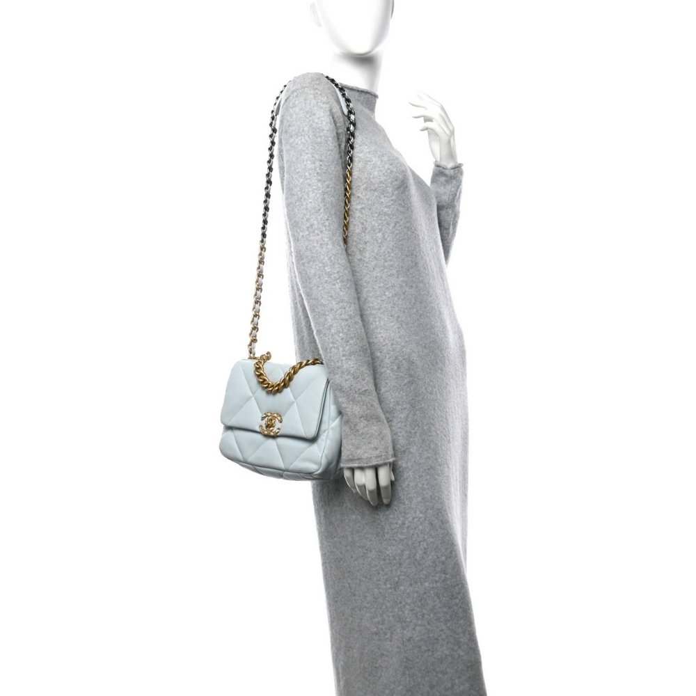 Ch**el 19 Flap Bag Shiny Gold And Silver Tone Light Blue 26Cm
