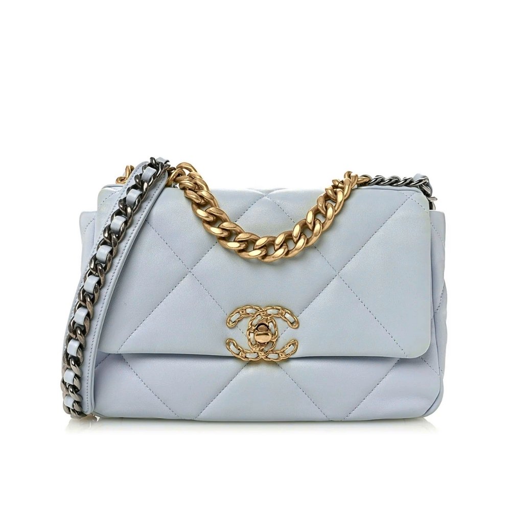 Ch**el 19 Flap Bag Shiny Gold And Silver Tone Light Blue 26Cm