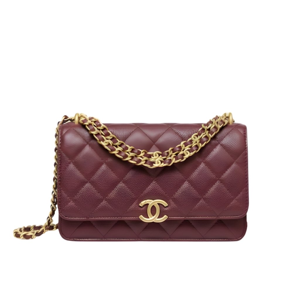 Ch**el Wallet On Chain Gold Tone Metal Dark Burgundy 19Cm