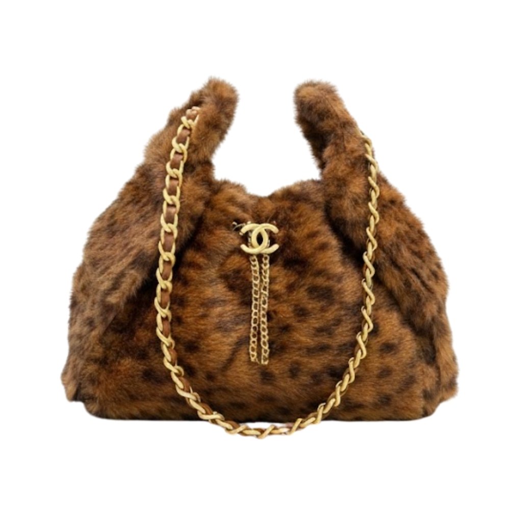 Ch**el 25 Small Handbag Faux Leopard Fur And Gold Tone Metal Brown 28Cm