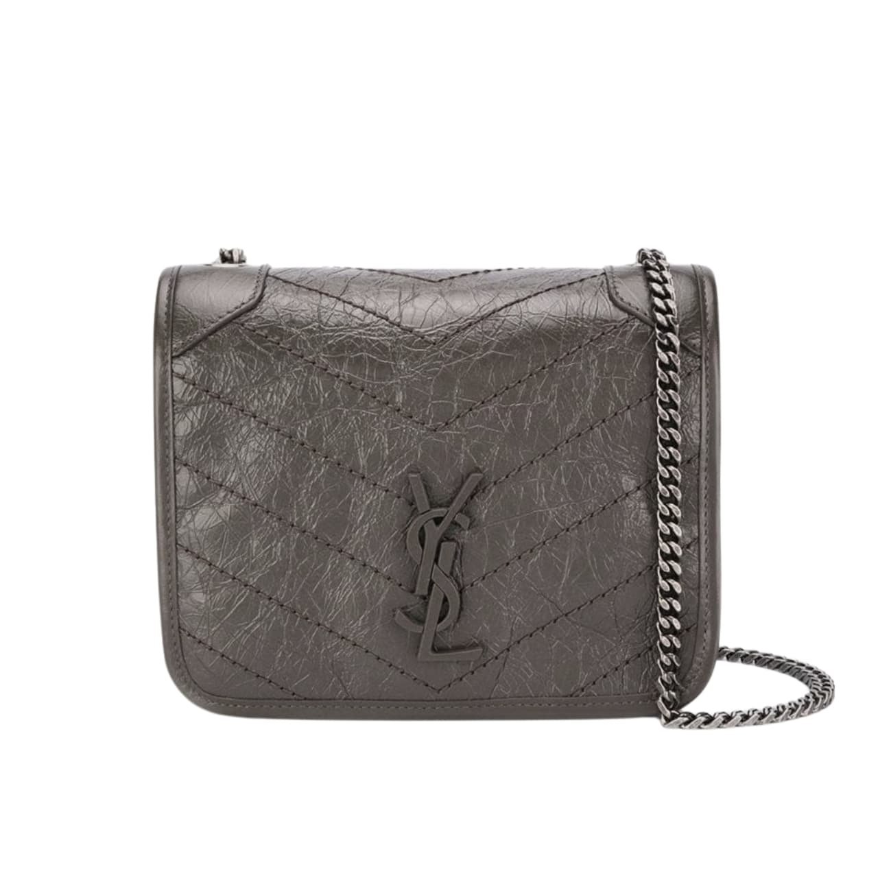 Sa1nt Lau*nt Niki Vintage Leather Chain Wallet Gray 19Cm