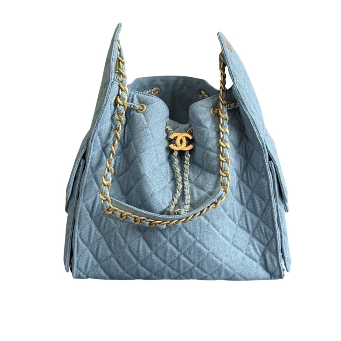 Ch**el 25 Medium Handbag Washed Denim Blue And Gold Tone Metal 34Cm As5311 B20603 U0475