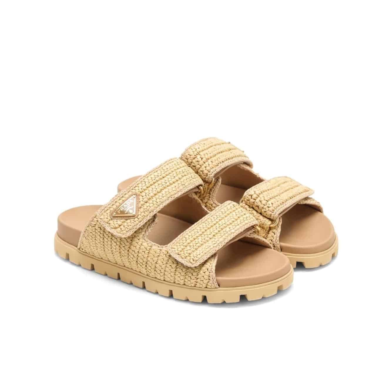 Pra*a Raffia Double Band Slide Sandals Beige 1Xx699 F020 2C2T F0018