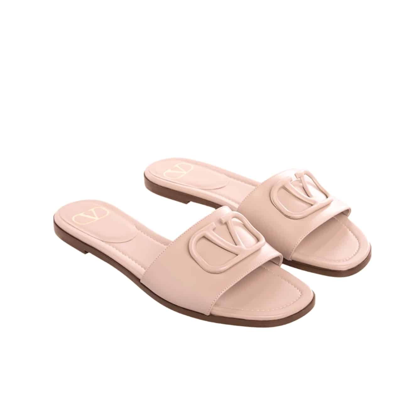 Va1e*ntin0 Smooth Leather Slippers With Vlogo Light Pink