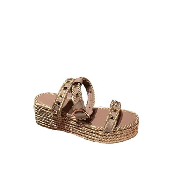 Va1e*ntin0 Garavani Rockstud Leather Wedge Sandals Beige