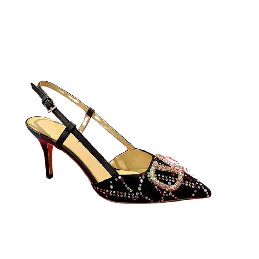 Va1e*ntin0 Vlogo Signature Back Strap Crystal High Heels Black