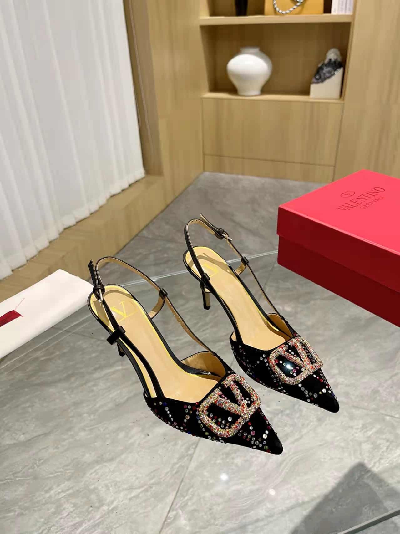 Va1e*ntin0 Vlogo Signature Back Strap Crystal High Heels Black