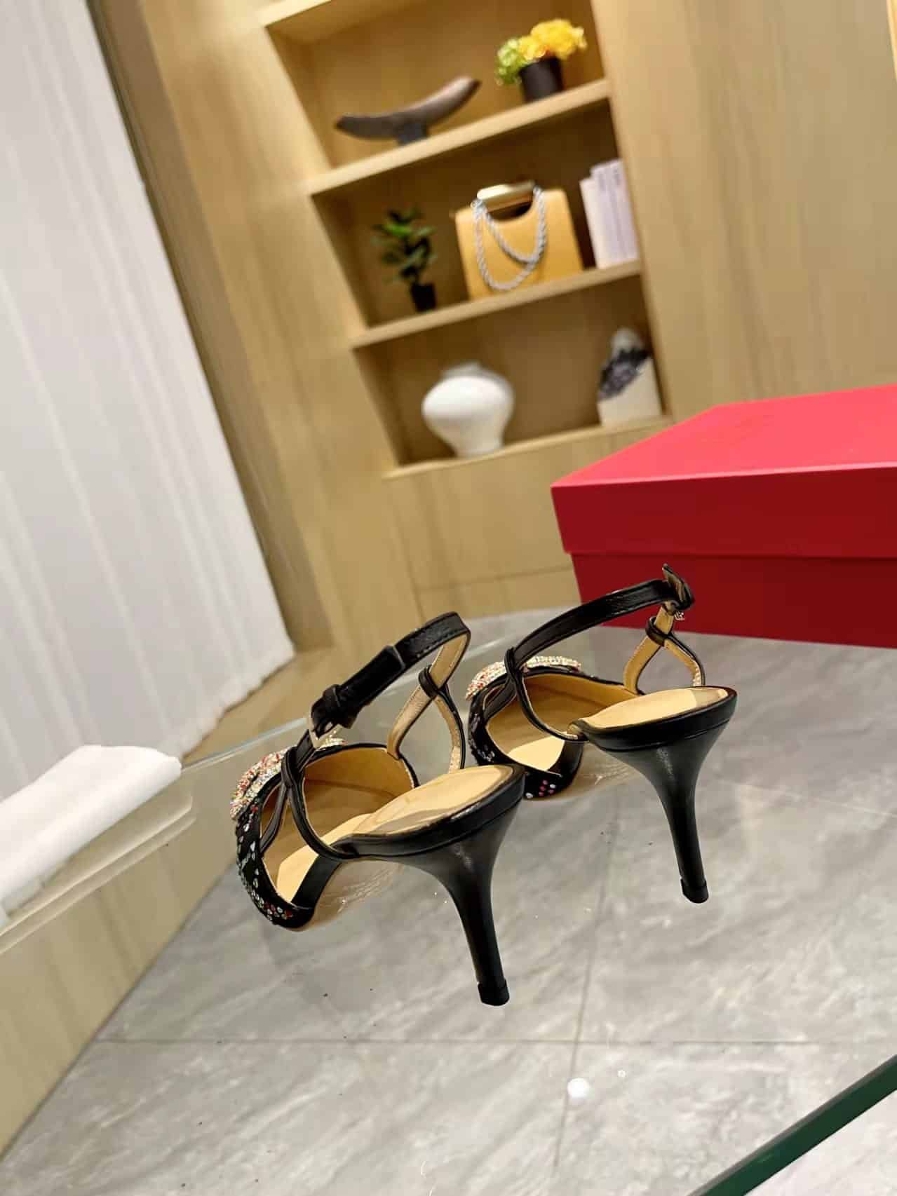 Va1e*ntin0 Vlogo Signature Back Strap Crystal High Heels Black