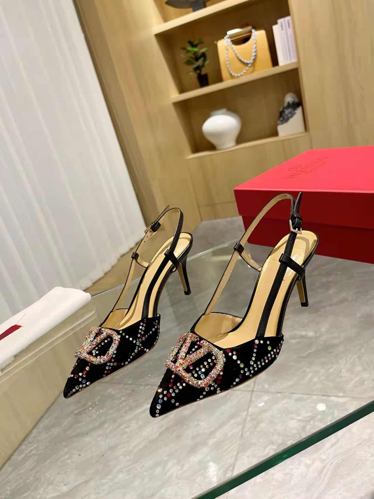 Va1e*ntin0 Vlogo Signature Back Strap Crystal High Heels Black