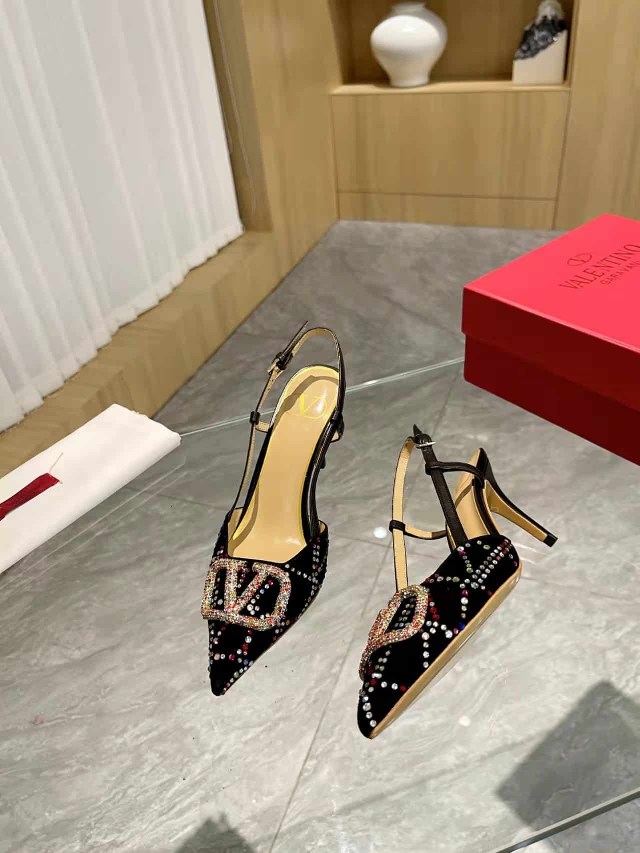 Va1e*ntin0 Vlogo Signature Back Strap Crystal High Heels Black