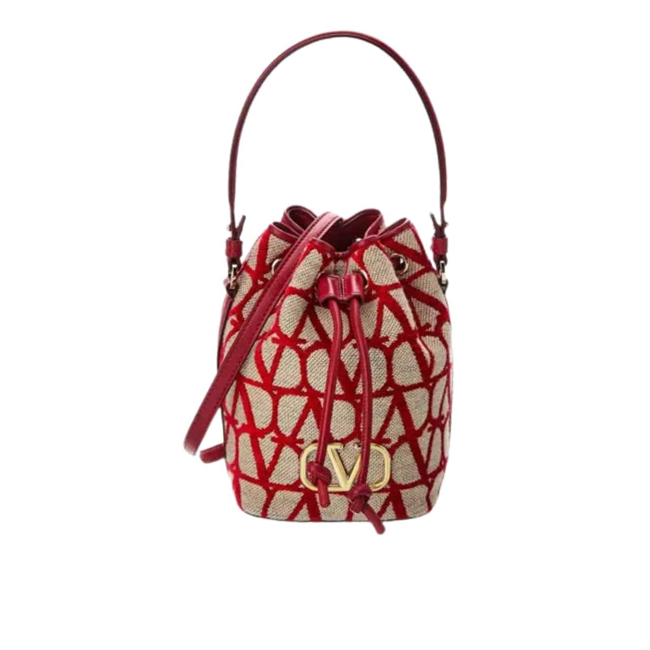 Va1e*ntin0 Mini Vlogo Signature Bucket Bag In Toile Iconographe Red 22Cm