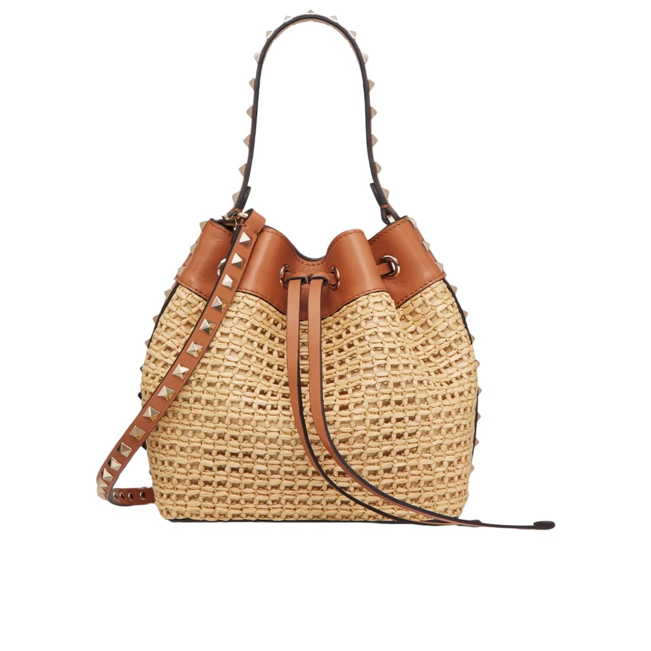 Va1e*ntin0 Rockstud Woven Bucket Bag Brown 19Cm