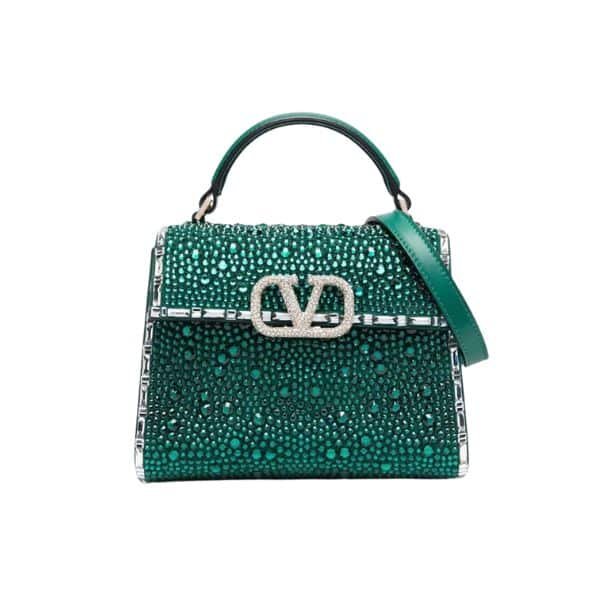 Va1e*ntin0 Garavani Vsling Handbag With Sparkling Crystals And Jewel Embroidery In Calfskin Green 20Cm