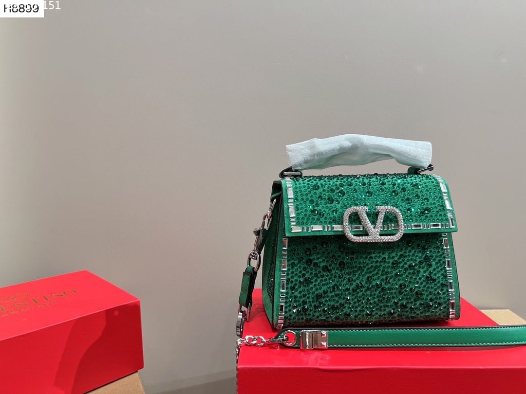 Va1e*ntin0 Garavani Vsling Handbag With Sparkling Crystals And Jewel Embroidery In Calfskin Green 20Cm