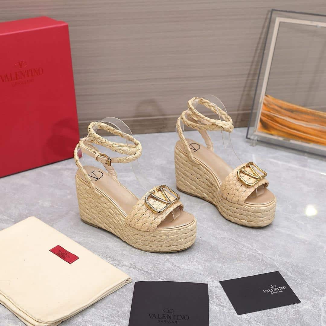 Va1e*ntin0 Garavani Vlogo Raffia Platform Wedge Sandals Natural