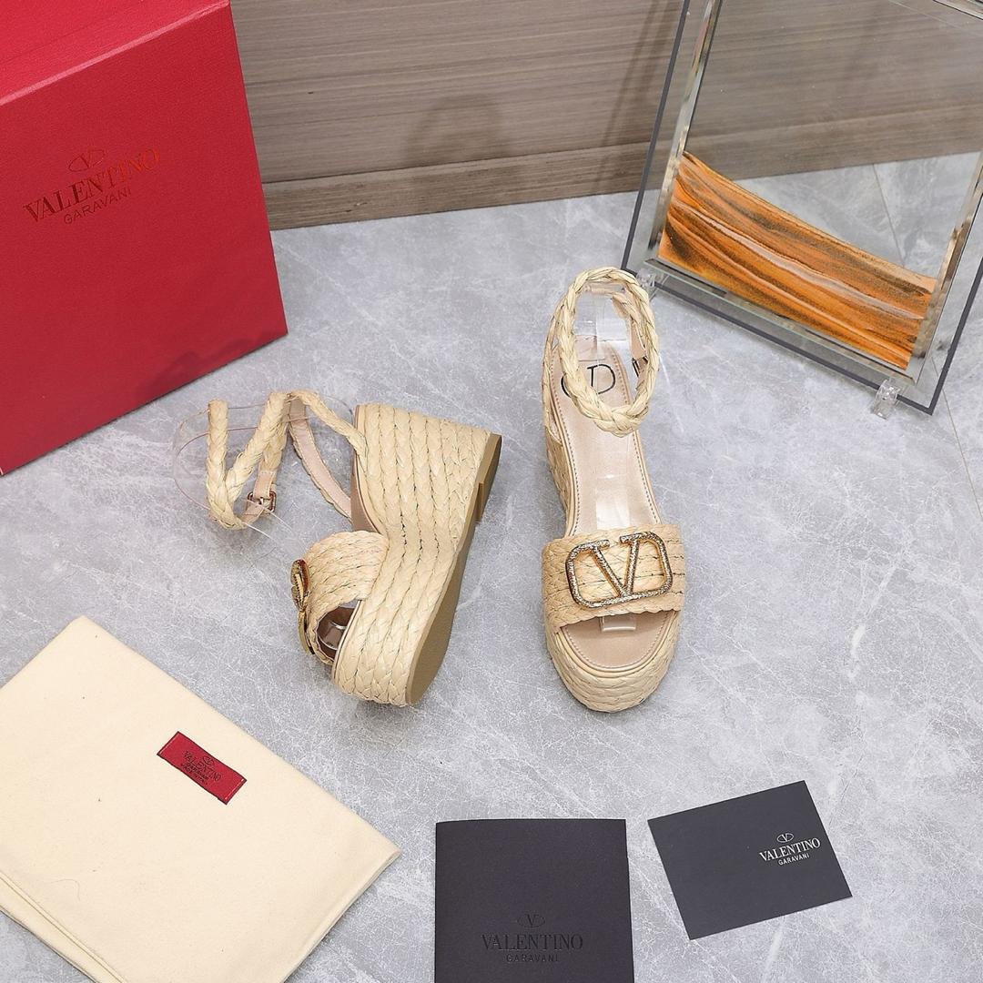Va1e*ntin0 Garavani Vlogo Raffia Platform Wedge Sandals Natural