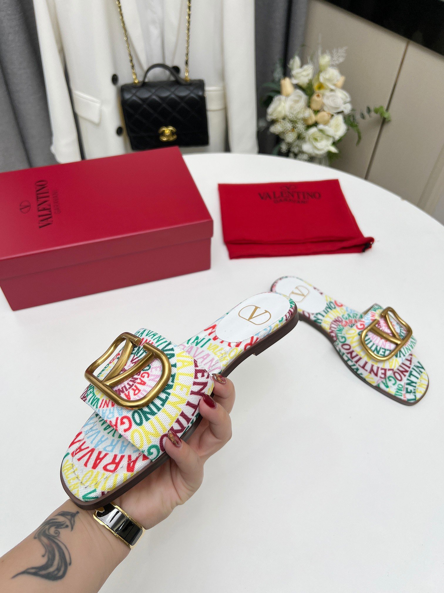 Va1e*ntin0 Garavani Escape Slide Sandal In Canvas With Va1e*ntin0 Loop Print Ws0Bd5Ful Qd7